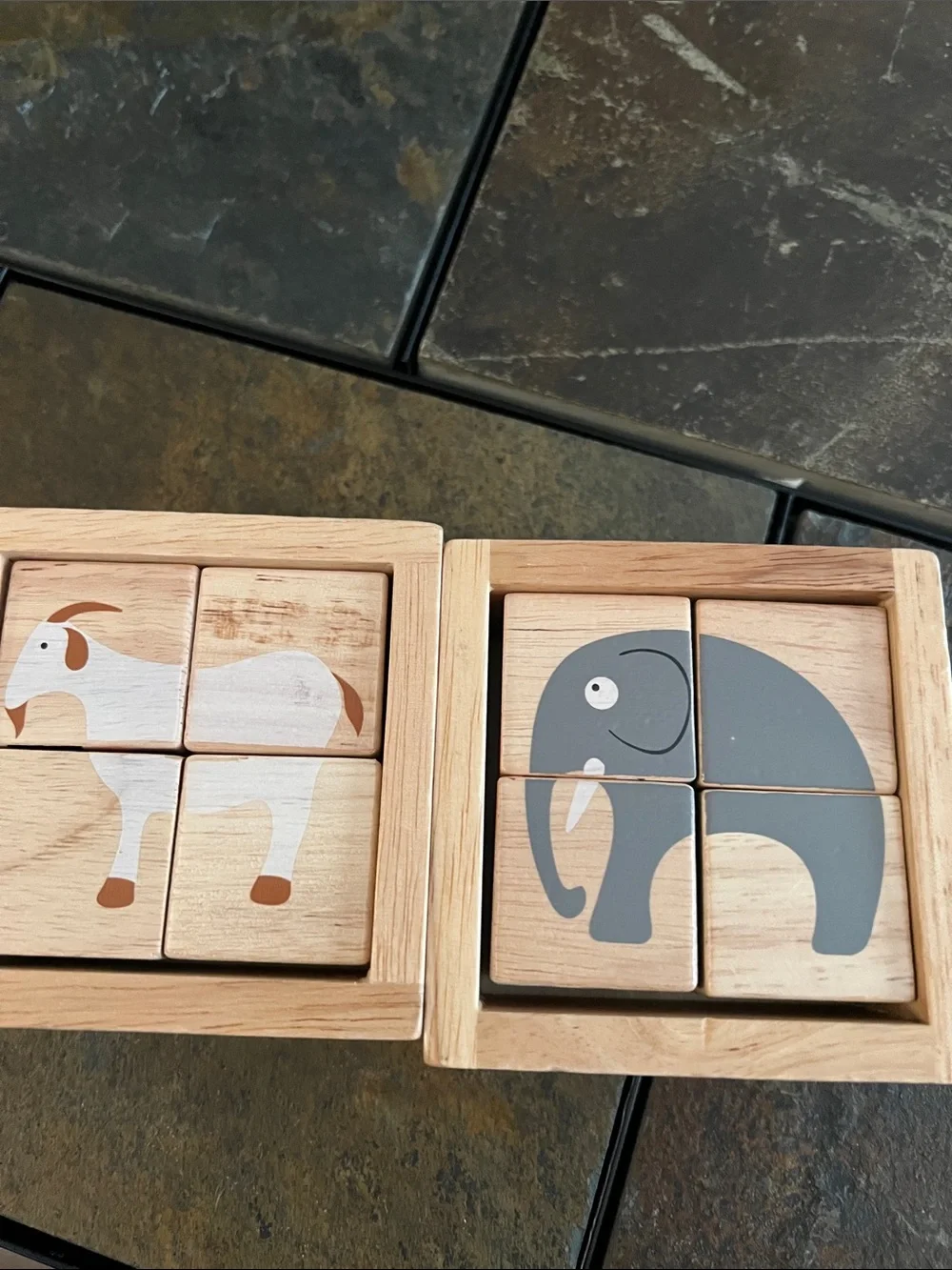 Begin Again Wooden Animal Puzzle Blocks-6 Farm Animals and 6 Zoo Animals, EUC